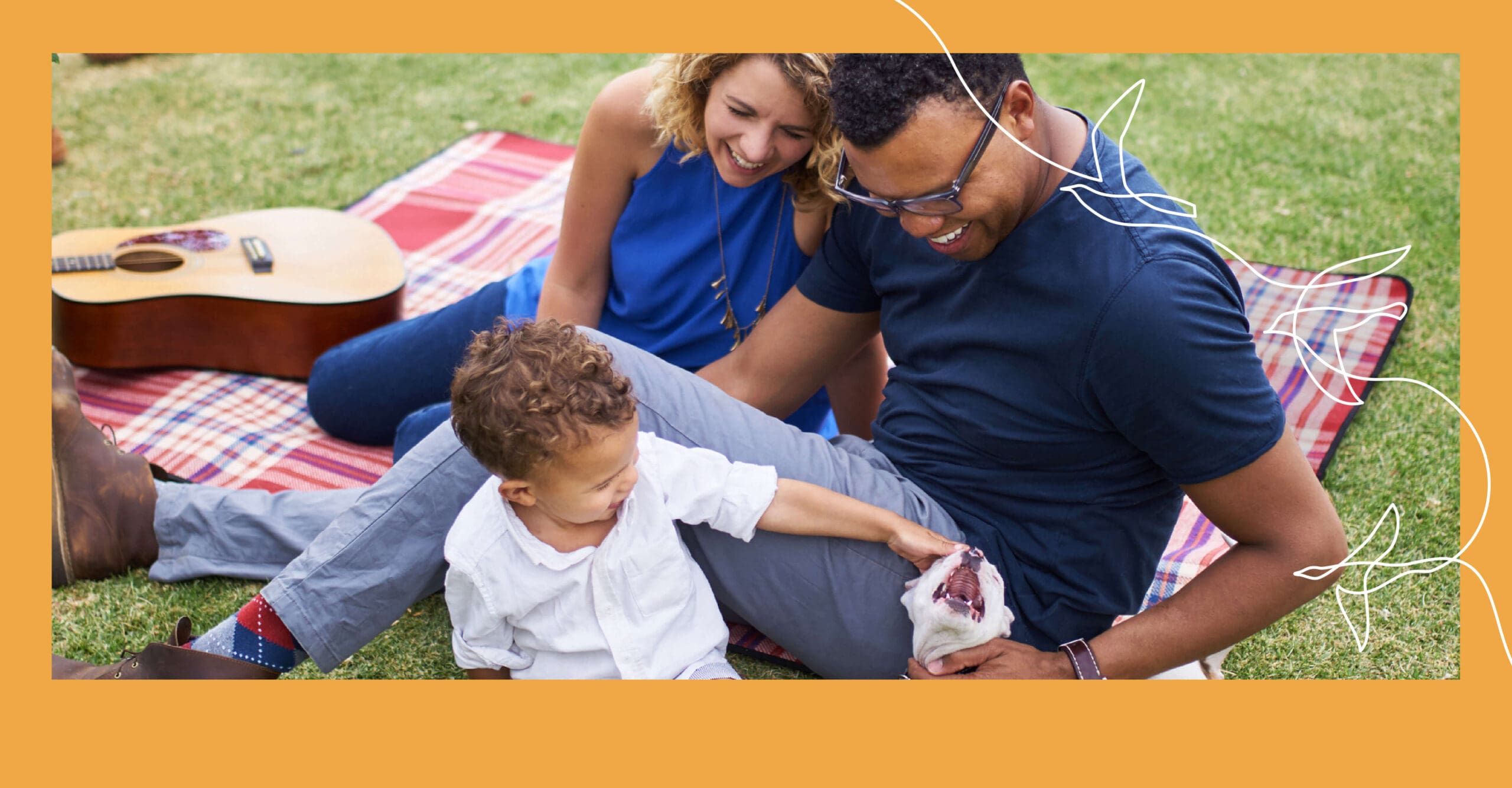 Family with young son and small dog are having a picnic at Windler in Aurora near DIA and E470